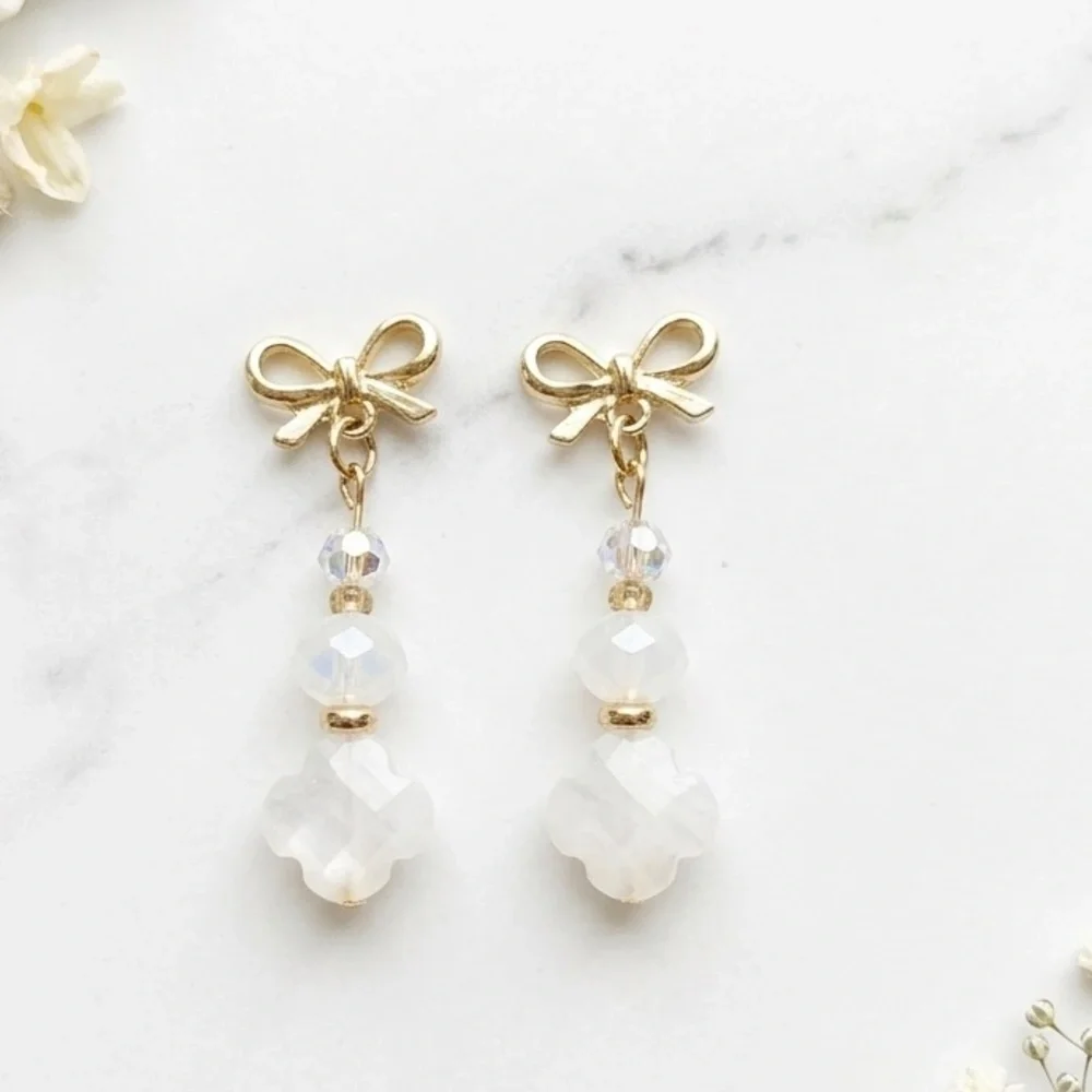 Gold Bow Opal Crystal Clover Earrings